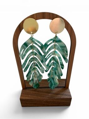 Green Marbled Acrylic Monstera Leaf Cascade Statement Earrings